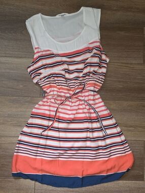 Charming Charlie White Coral Navy Striped Sleeveless Dress
